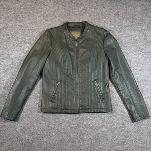 Maurices Moto Biker Jacket Womens Medium Green Faux Leather Zippers Stretch